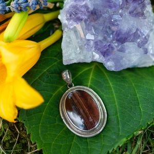 Oval Crystal Tigers Eye Stone Sterling Silver Pendant